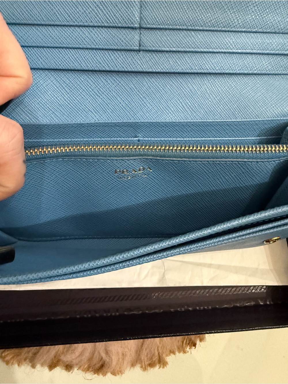Prada Saffiano Lux Bow Continental Wallet Light Blue Gold Hardware W/ Chain Card - Picture 8 of 16